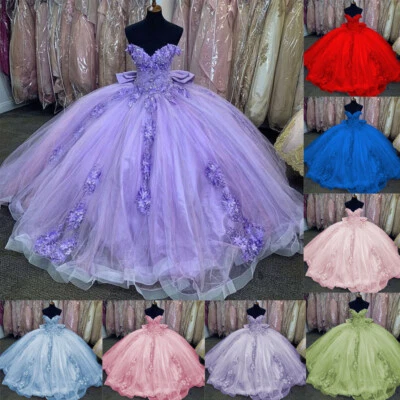 3D Flowers Quinceanera Dresses Sweet 16 Off Shoulder Bowed Prom Party Ball Gowns - Изображение 1 из 4