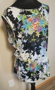 Robert Louis Blouse Large Floral Sleeveless Round Neck Elastic Cinched Waist - Picture 1 of 13