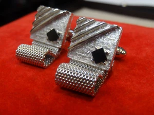 Vintage Estate Mesh Wrap Shirt Silver tn Cufflinks black onyx Stone - Picture 1 of 2