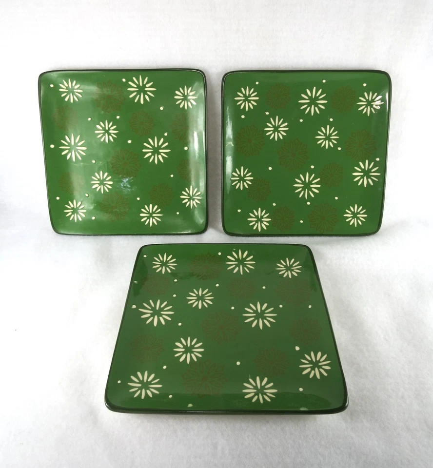 Platos cuadrados verdes de 3 peets café vacaciones de Navidad copos de nieve Starbursts 8" Foto 1 de 4