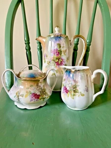 Antique K. St. & T. Silesia Germany Porcelain Tea Pot~Sugar Bowl~Creamer lilacs - Picture 1 of 14