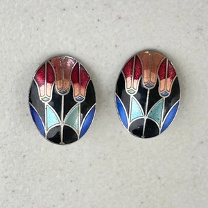 Vintage Cloisonne' Earrings Clip on 1980s Abstract Tulip Flower Art to Wear - Picture 1 of 3