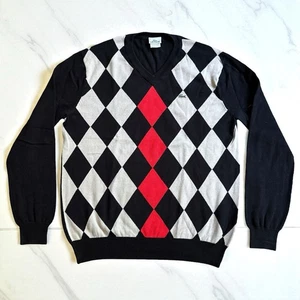 Lacoste Argyle V-Neck Sweater Mens Sz 6 (Large) Black Red Beige Pullover Cotton - Picture 1 of 7