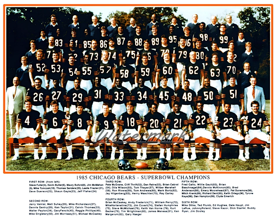 Foto del equipo campeón del Super Bowl de la NFL 1985 Chicago Bears con nombres 8 X 10  Foto 1 de 1