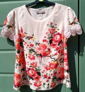 Oasis Romance Peach Red Green Birds Lace Floral Top 10 VGC Rare - Picture 1 of 6