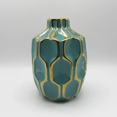 SAGEBROOK HOME CERAMIC VASE TURQUOISE & GOLD HEXAGON DESIGN NEW - Image 1 of 4