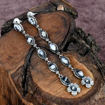 Aretes hechos a mano de plata esterlina con piedras preciosas turquesa búfalo blanco 4,50" Foto 1 de 4