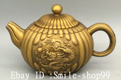 4.3" Antigua China Pronze Puro Dorado Dragón Bestia Patrón Calabaza Vino Tetera Bandera Foto 1 de 4
