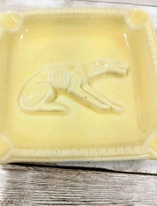 Vintage Yellow Glazed 3" Squared Ashtray Cat Skeleton Halloween Decor - Picture 1 of 5
