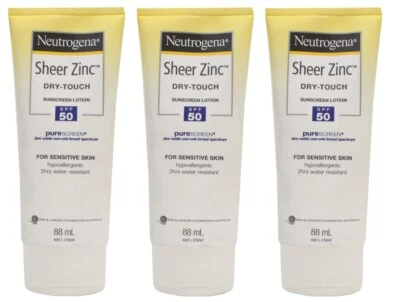 3 x NEUTROGENA 88mL SHEER ZINC DRY TOUCH SUNSCREEN LOTION SPF 50 BRAND NEW - Image 1 of 4
