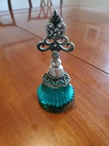 Vintage Mid Century Pewter Hearts Crown Turquoise Glass Perfume Bottle + - Picture 1 of 4