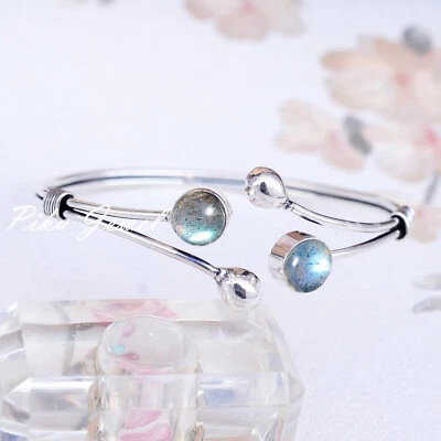 Labradorite Round Gemstone 925 Sterling Silver Cuff Bangle Girl's Gift Jewelry - Image 1 of 4
