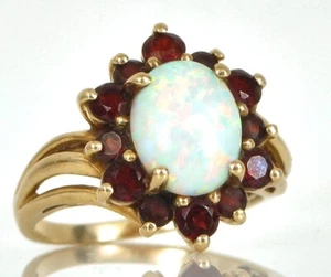 VINTAGE BEAUTIFUL 10K YELLOW GOLD COCKTAIL RING FIRE OPAL RED GARNET SIZE 7 3.9G - Picture 1 of 1