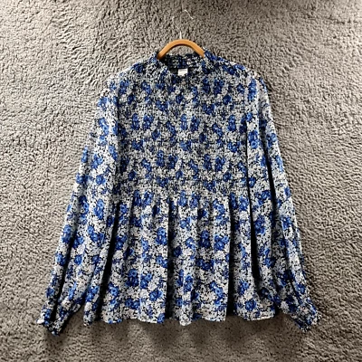 Anko Womens Blouse Top Size 12 Blue White Floral Long Sleeve Smocked — 第 1/4 张图片
