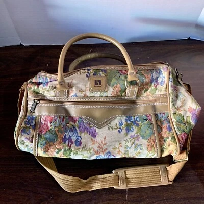 Tapiz de equipaje de ocio vintage años 80 beige floral maleta de mano bolso borde tostado Foto 1 de 4
