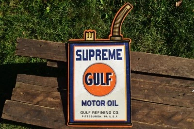 Gulf Supreme Motor Oil Can Embossed Tin Metal Sign - Gasoline - Retro - Vintage - Image 1 of 4