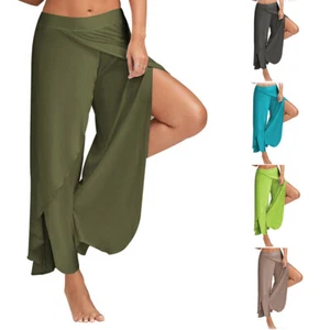 Plus Size Women Loose Harem Yoga Pants Long Side Slit Summer Wide Leg Trousers - Picture 1 of 21