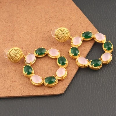 Серьги-гвоздики висячие позолоченные кварцевые халцедон с зубцами  - Изображение 1 из 4