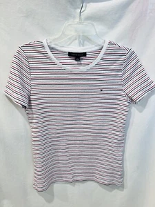 CAMICIA DONNA TOMMY HILIGER MANICA CORTA ROSSA BIANCA BLU A RIGHE GRANDE 4 LUGLIO - Foto 1 di 9