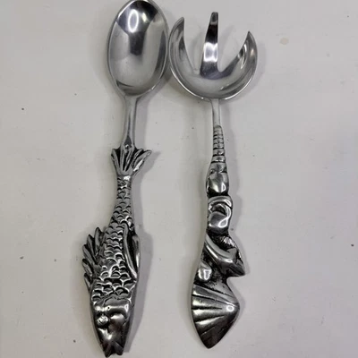 Juego de utensilios para servir ensaladas de aluminio Sea Life asas de concha de pescado náutico costero Foto 1 de 4