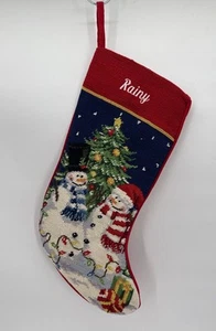 VTG Needlepoint 100% Wool Christmas Stocking Snowmen & Tree Personalized RAINY - Picture 1 of 10