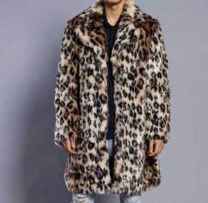 Men Leopard Print Fur Suit Coat Rabbit Fur Warm Parka Winter Overcoat Outwear - Picture 1 of 12