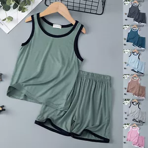 Children's Summer Vest Shorts Set Loose Boys And Girls Thin Sleeveless Pajamas - Picture 1 of 39