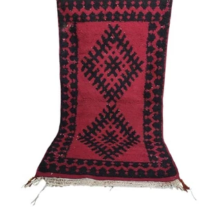 Vibrant Moroccan Handmade Maroon Red Rug Black Motif Fringe Berber Wool Carpet - Picture 1 of 24