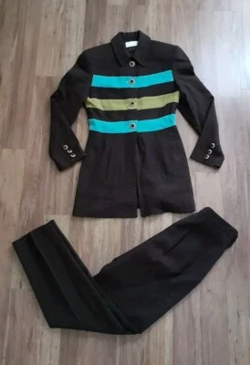 Vtg 90s Cache Pant Suit Wool  Blazer SZ 4 Brown Stripes Long Jacket Retro Career - Image 1 of 4