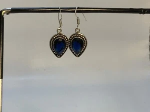 Vintage 925 STERLING SILVER SAPPHIRE SIMULATED TEAR DROP EARRINGS - Picture 1 of 12