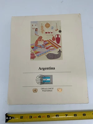 1987 ООН ЮНИСЕФ доказательство карта Аргентина флаг 22c Скотт UN487 первый день выпуска - Изображение 1 из 3