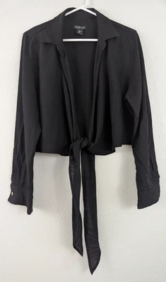 Camisa Rachel Zoe talla XL mezcla de lino corbata corta delantera negra manga larga 1812 Foto 1 de 4