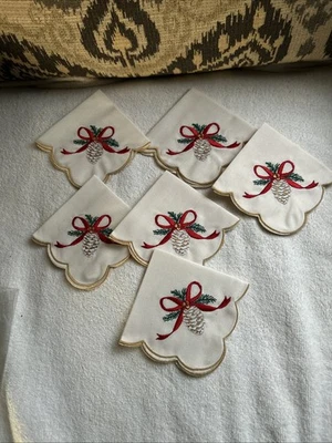 Juego de 6 servilletas de cóctel navideño vintage W C Imports borde vieira mezcla de lino Foto 1 de 3