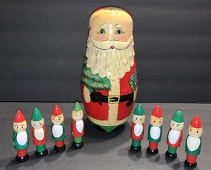 Bambola vintage arte popolare legno Babbo Natale stile nido 8 elfi legno - Foto 1 di 13