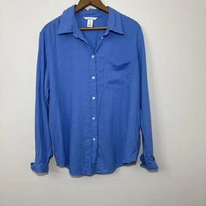 H&M Linen Blend Blue Button Up Shirt Women's Size M Coastal Grandma Beach Prep - Picture 1 of 5