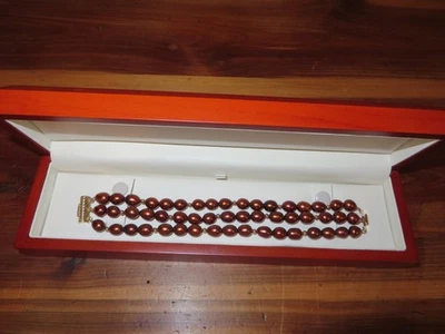 Pulsera de tres hilos de perlas de chocolate de agua dulce con cierre de oro de 14k nueva en caja Foto 1 de 4