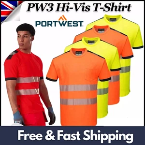 Portwest PW3 Mens Hi-Vis Cotton Comfort Work T-Shirt Moisture wicking Summer Top - Picture 1 of 23