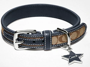 NEW COACH NAVY BLUE LEATHER BROWN JACQUARD SIGNATURE C DOG PET COLLAR 61353 S - Picture 1 of 14