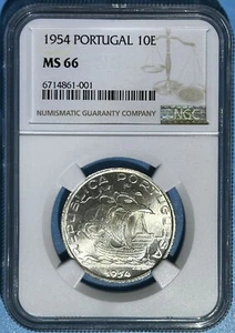 Portugal 1954 Silver 10 Escudos ChBU Coin Sailing Ship NGC MS 66 KM# 586 - Picture 1 of 3