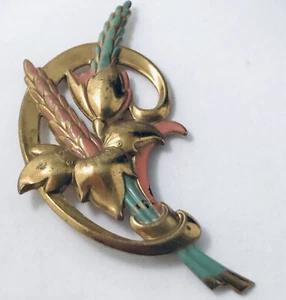 VTG BROOCH 50s FLOWER SPRAY BOUQUET REPOUSSE BRASS ENAMEL GREEN PINK PIN - Picture 1 of 12