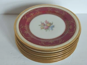 8 Antique T&V Limoges La Cloche 10 1/4" Dinner Plates Gold Gilt Burgundy Bouquet - Picture 1 of 13