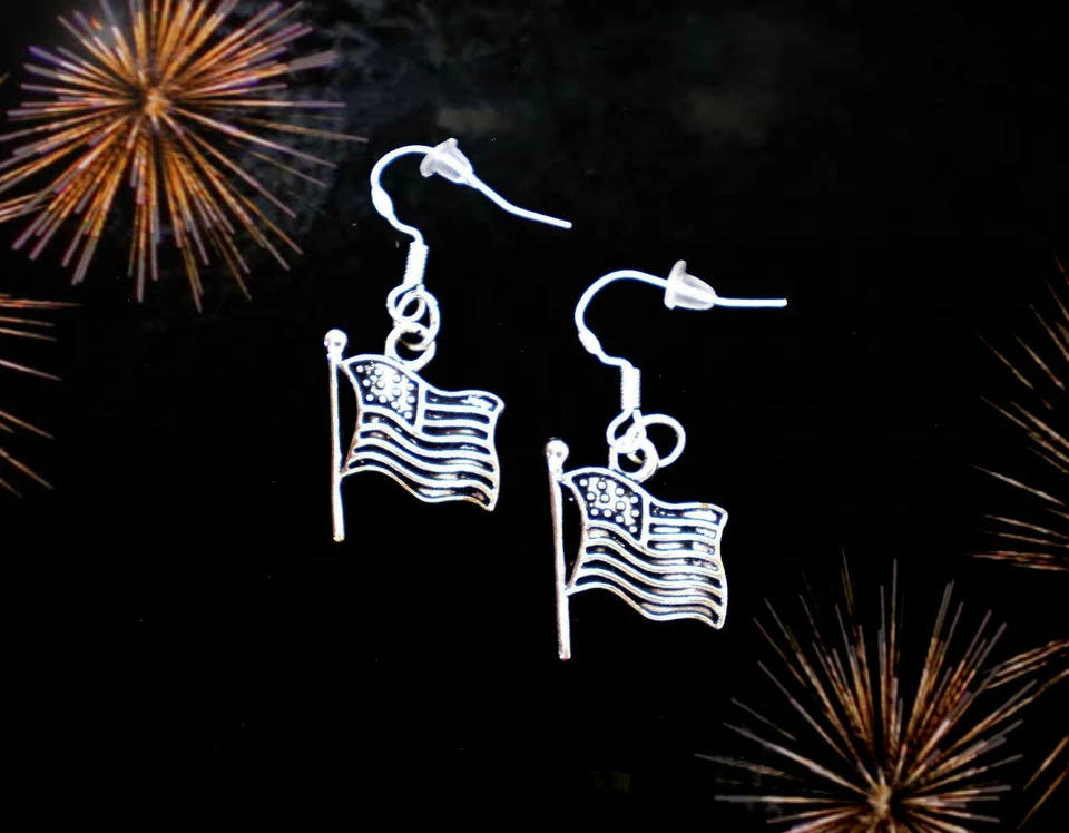 BUY 2 GET 1 FREE~JULY 4TH PATRIOTIC USA AMERICAN FLAG MILITARY SILVER EARRINGS - Image 1 of 4