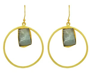 Handmade Brand New 18K Gold Plated Hoop Earrings With Aquamarine Gem Stone - Picture 1 of 3