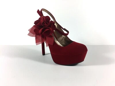 Qupid Red Velvet Stiletto High Heels w/ Ankle Strap & Flower Size 8 - Image 1 of 4