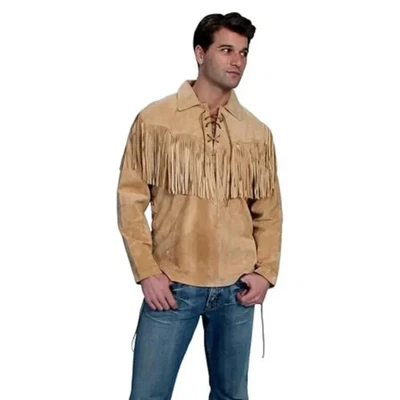 Men Native Western Cowboy Style Suede Leather Shirt Style Jacket & Fringe - Image 1 of 3