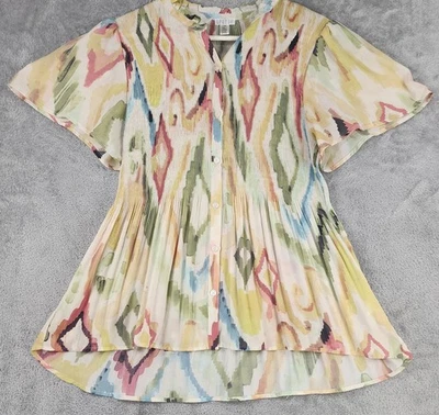 Spense Shirt Womens Large Multicolor Pleated Button Blouse Flowy Ikat Print Top - Image 1 of 4