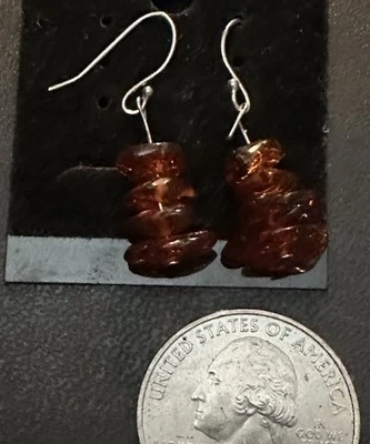 Artisan Sterling Silver Modernist Earrings Baltic Tumbled Honey Amber Drops Hook - Image 1 of 4