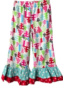Mudpie Christmas Tree Ruffle Pants 4T Pull On Mini Corduroy Polka Dot Pink Teal - Picture 1 of 5