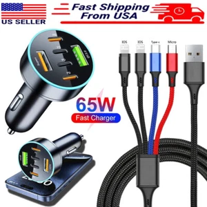65W Type-C 6-Ports Fast Car Charger,4-in-1 4FT Charging Cable For All Cell Phone - Picture 1 of 20