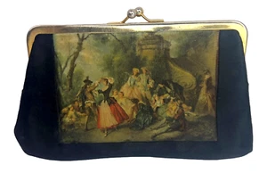 Silk Coin Purse Kiss Clasp 18th Century Oil Painting Italy Black & Gold Vintage - Picture 1 of 5